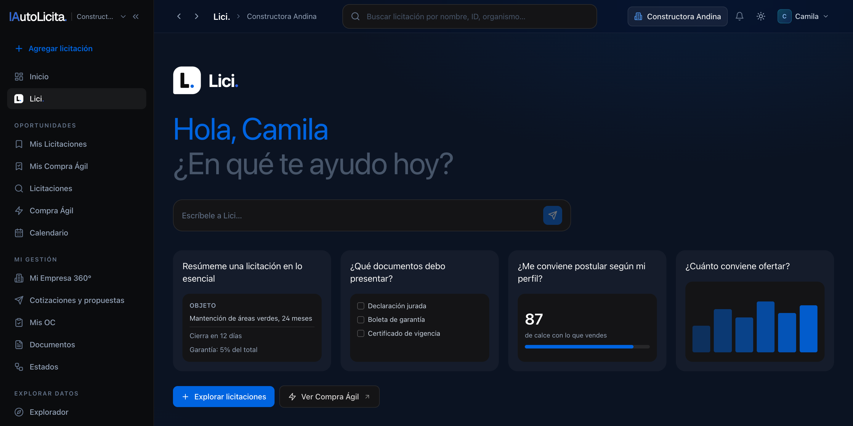 Lici dentro de IAutoLicita: resumen de bases, documentos a presentar, calce 87/100 y cuánto conviene ofertar
