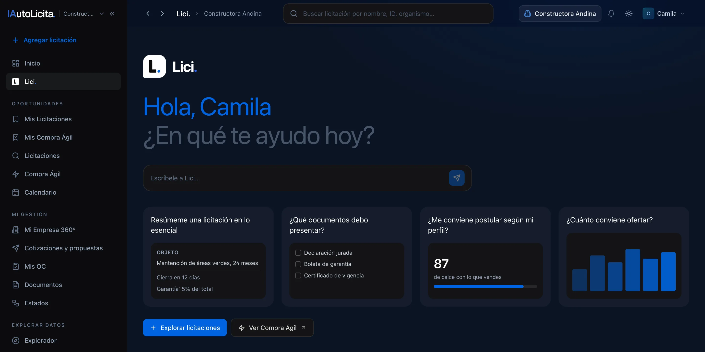Lici dentro de IAutoLicita: resumen de bases, documentos a presentar, calce 87/100 y cuánto conviene ofertar