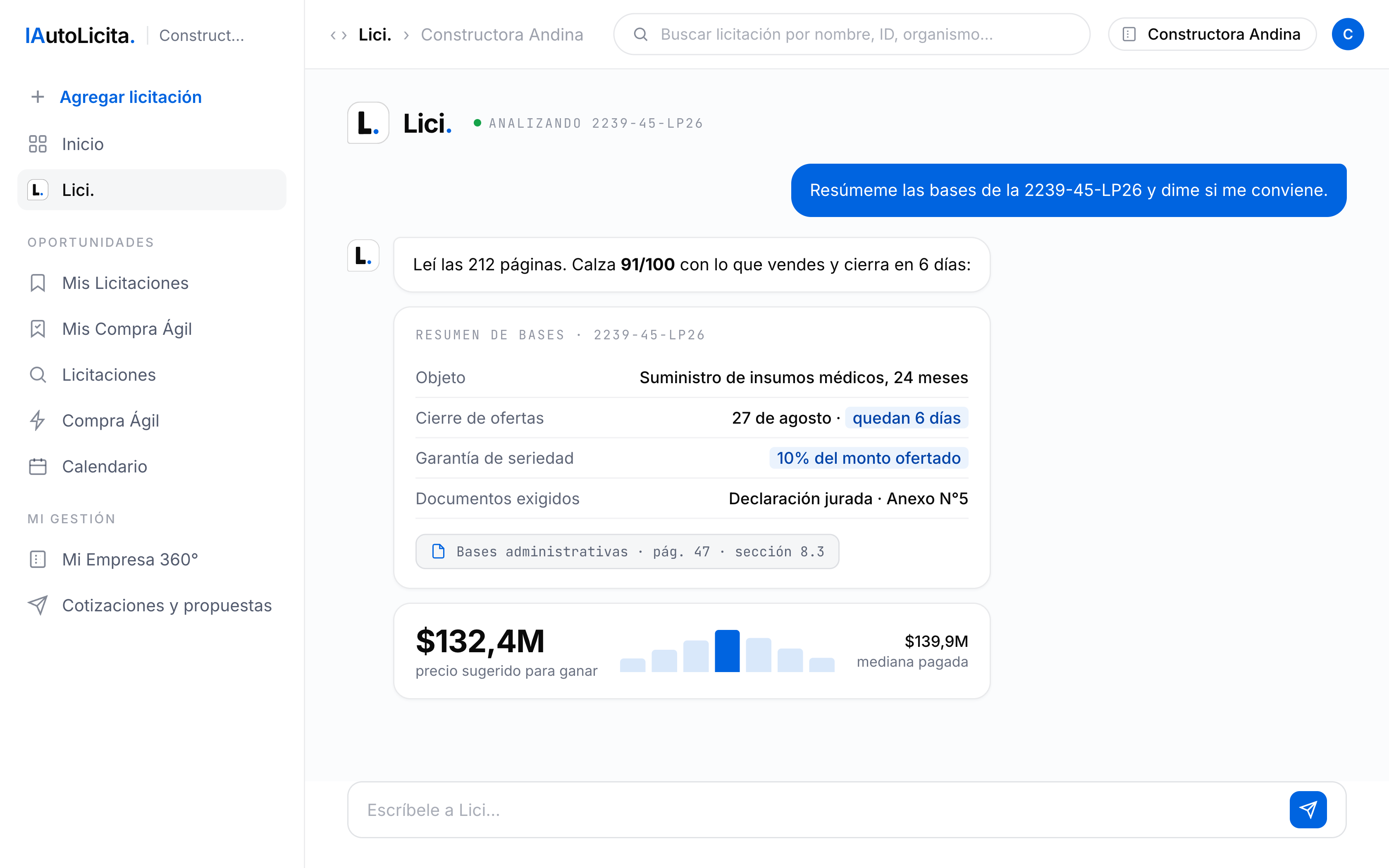 La sección Lici de IAutoLicita con una licitación abierta: resumen de bases con objeto, cierre y garantía, la cita a la página exacta y el precio sugerido