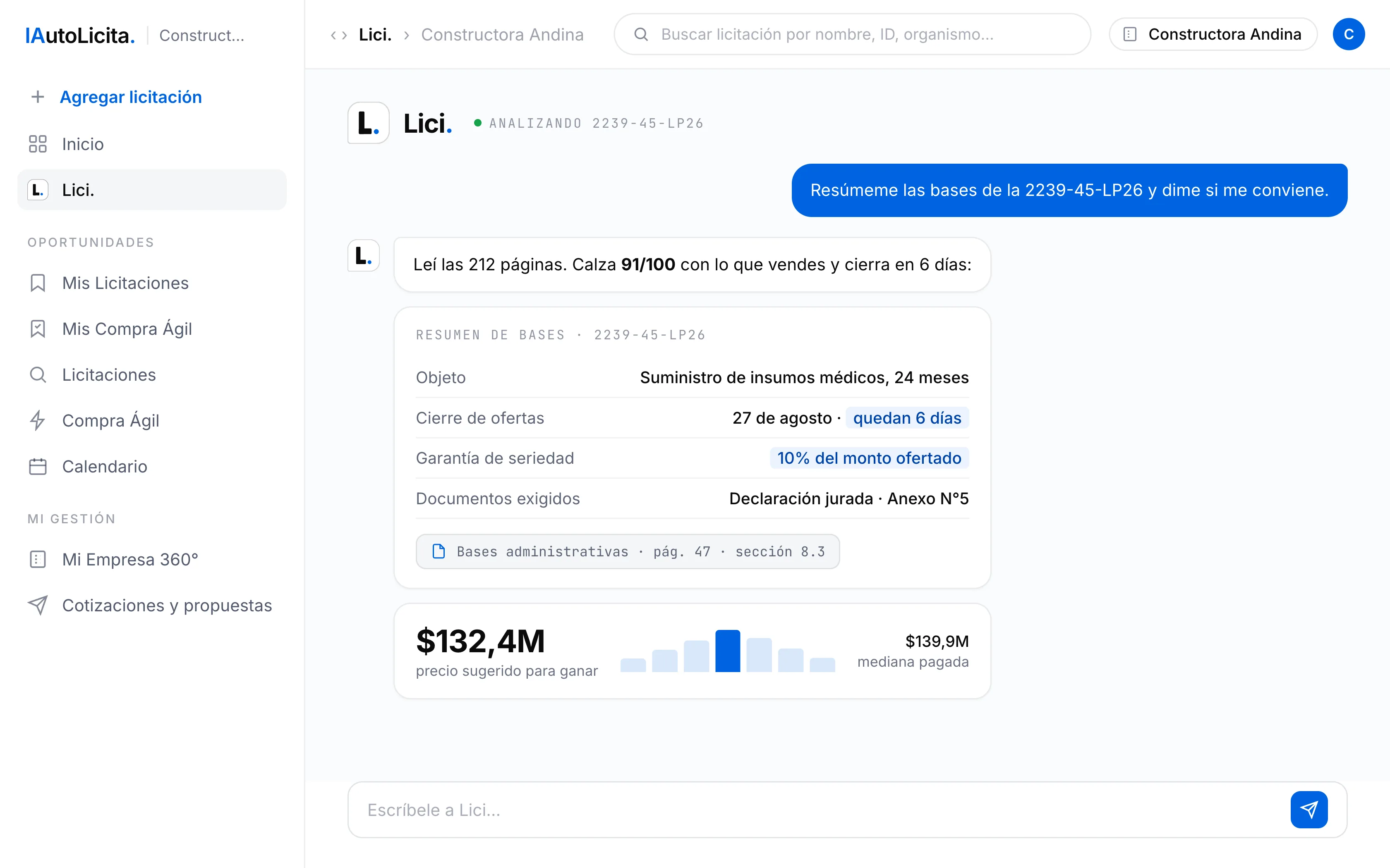 La sección Lici de IAutoLicita con una licitación abierta: resumen de bases con objeto, cierre y garantía, la cita a la página exacta y el precio sugerido