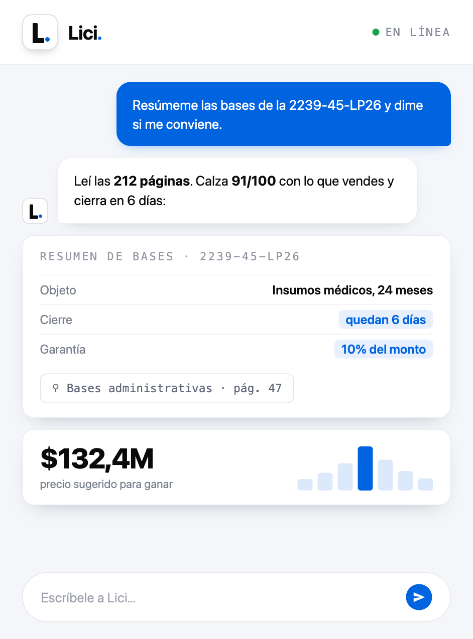 Lici en el teléfono: resume las bases de una licitación, cita la página exacta y sugiere el precio para ganar