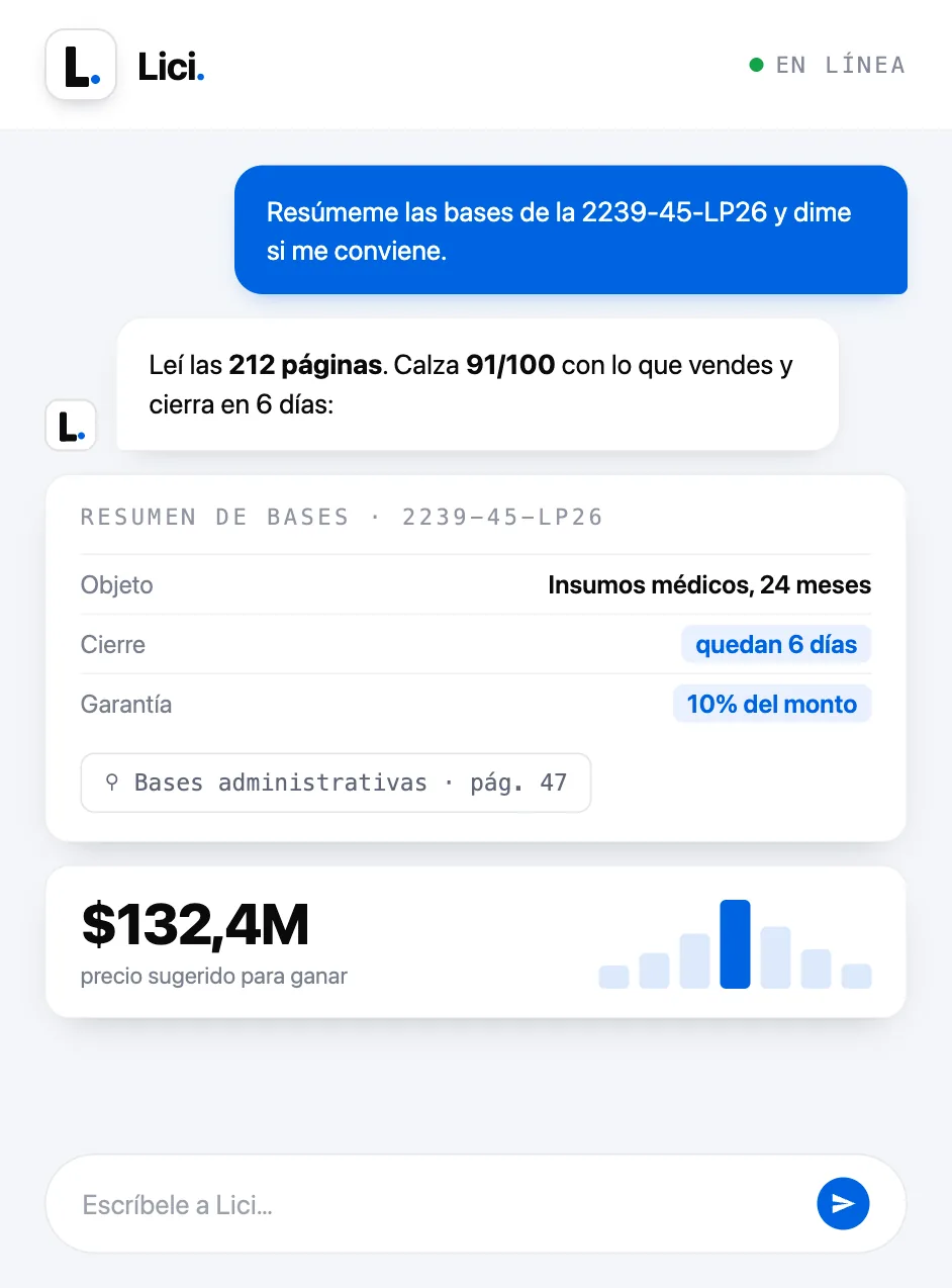 Lici en el teléfono: resume las bases de una licitación, cita la página exacta y sugiere el precio para ganar